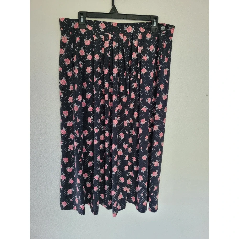 Russ Vintage Black Women's‎ Pink Floral Polka Dot Pleated Midi Skirt Size 14 #1